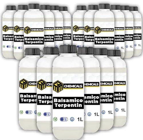 MRM CHEMICALS 18x Balsamterpentinöl 1L 1 Liter Lösungsmittel für Ölfarben, Terpentinöl für Ölmalerei, Reinigungsmittel Pinselreiniger, Lösen von Wachsen Paraffinen, Natürliches