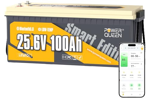Power Queen 24V 100Ah Lithium Batterie für Trolling-Motor | 100A BMS, Bluetooth, Max. 15000 Zyklen, Temperaturschutz, 2,56kWh, perfekt für Marine, Home Storage, Wohnmobil, Off-grid