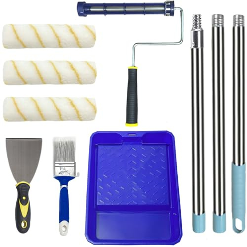 Paint Roller Kit - Set with 2 Paint Brush, Heavy-Duty 9 Paint Roller Frame, 48 Adjustable Extension Pole, Paint Roller Covers x3, 11 Sturdy Paint Tray,3 Putty Knife - Painting Tool Set
