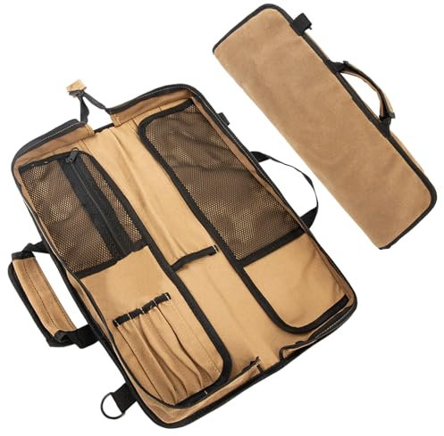 XITVVyg Chef Knife Case (12 Pockets), Heavy Duty Waxed Canvas Storage with Handle, Multi-Function Knife Tool Roll Bag for Home Kitchen Traveling (Khaki)