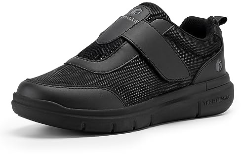 FitVille Mens Extra Wide Fit Diabetic Shoes with Adjustable Strap Breathable Walking Shoes For Swollen Feet - EasyTop StrapEase V4 Wide 11 UK Jet Black