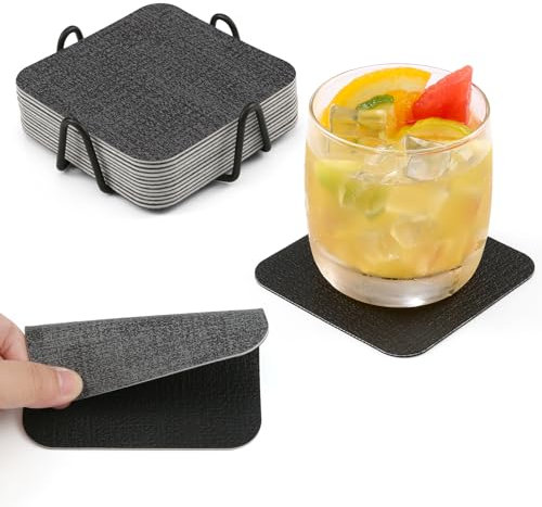 Chitomars Sottobicchieri in Pelle Set di 12, Antiscivolo Impermeabile Sottobicchiere Lavabili Bifacciale Sottobicchieri per Caffè, Bar, Ristoranti, Ufficio e Altro (Grigio Nero, Quadrato)