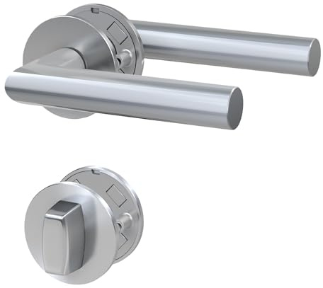 BASI | Drücker-Garnitur aus Edelstahl | BB/PZ/WC/Bad | mit 3 mm Magnet Flachrosette | Für Zimmertüren Innentüren mit WC-Schloss (Drehknauf) | Rosettengarnitur | Türstärken 25-65 mm