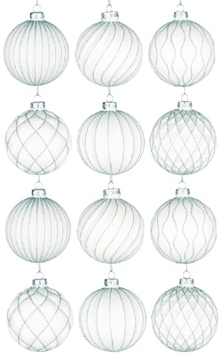 12Pcs/80mm Glass Baubles Christmas Tree Balls Spheres Hanging Ornaments Set Assorted Designs Xmas Tree Decorations, White Striped