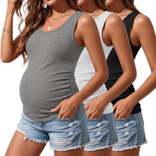 Riyiper Confezione da 3 Canotte Premaman da Donna, Senza Maniche, in Cotone, con Lati in Maglia a Coste e Arricciate