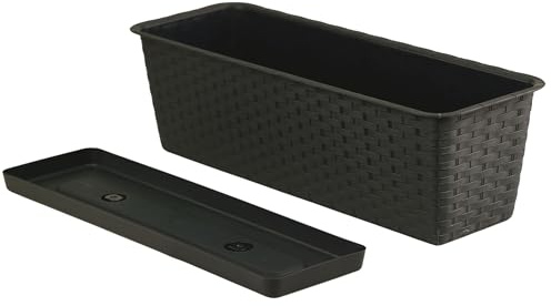 Jardinera para balcón 59 x 17 x 15 cm con platillo | Maceta en imitación de ratán, duradera y resistente a la intemperie | Macetas para alféizar de ventana, terraza e interior | Macetero con diseño