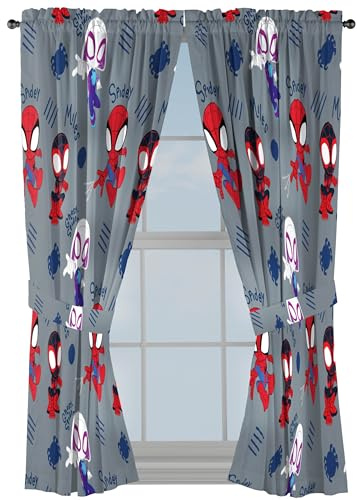 Jay Franco Window Curtains for Kids Bedroom 4-Piece Drape Set with 2 Tiebacks, Grey - Spidey & His Amazing Friends, 42 W x 63 L (Pack of 2)