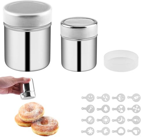 Zosenyer 2 Piezas Espolvoreador Cacao con Malla Tapa, Espolvoreador de Cacao Chocolate con 16 Plantilla, Agitadores Polvo de Acero Inoxidab, Latas Polvo con Malla para el Café Capuchino Latté