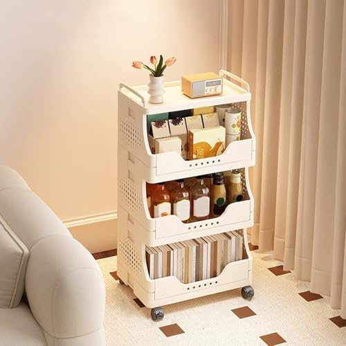 VLOBAOM Carrito Rodante De 1-4 Niveles con Ruedas Cerrables Estante De Plástico Plegable Carrito Organizador De Almacenamiento para Cocina Baño Despensa Sala De Estar White, 3 Tier