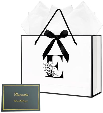 Initialen Geschenktüten, Personalisiert geburtstag Geschenktasche mit Seidenpapier und Grußkarten, Geschenktüten mit Schleife für Geburtstag Hochzeit Party Feier, 28x10x20 cm (Weiß, E)