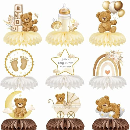 JYNVO 9 Pcs Toppers Tarta Baby Shower Bautizo Niño Niña, Decoración Adorno Pastel Torta Papel Cartón Cartulina Osito Biberón Arcoíris Fiesta Cumpleaños Nacimiento Gender Reveal (Marrón)