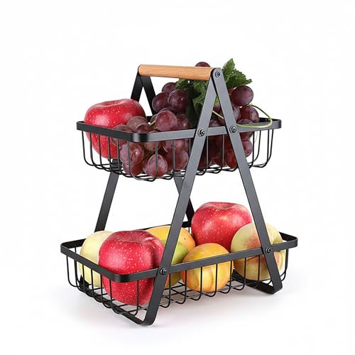 Relaxdays Obst Etagere, 2-stöckig, Metall, Holzgriff, HxBxT: 34 x 26 x 17 cm, Obst & Gemüse, eckige Obstschale, Farbwahl | HxBxT: 34 x 26 x 17 cm, Obst & Gemüse, eckige Obstschale