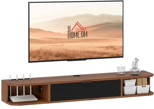 HOMCOM Mobile TV Sospeso, Mobile Porta TV Fino a 50 con Cassetto Ribaltabile, 2 Ripiani Aperti e Foro Passacavi, Mobiletto per Televisore per Soggiorno, Camera da Letto e Salotto, 120x24x16 cm, Noce