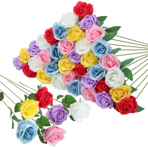 saerryor 36 Pcs Mixed 6 Color Artificial Roses with Long Stems,Fake Silk Rose Artificial Flowers Bulk for Bridal Wedding Bouquet Centerpiece Ball Arrangement Party Decor