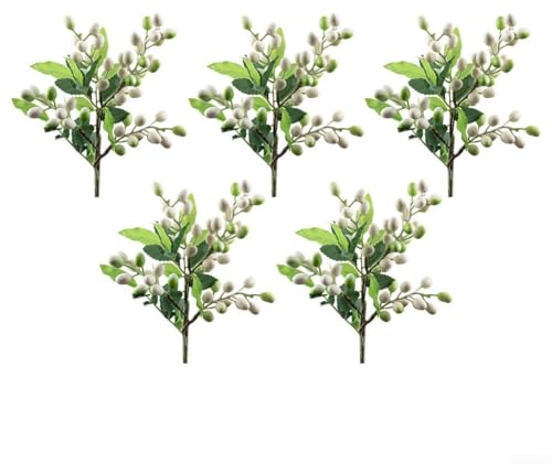 Ramo de ramas artificiales de bayas de olivo con alambre flexible para dar forma, para decoración del hogar y el jardín, bayas y hojas artificiales realistas (blanco)