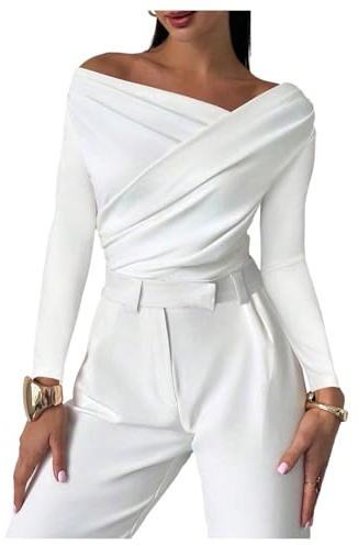 RoseSeek Women's Off Shoulder Wrap Tops Bodysuits Ruched Front Long Sleeve Bodysuits Elegant Shirts White Small