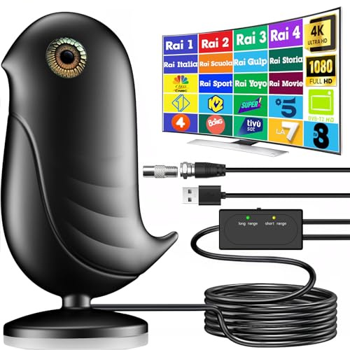 Antenna TV Interna Amplificata Potente - Antenna TV Portatile con 380 km di Distanza di Ricezione, Antenna da Interno Digitale Terrestre Supporto 4K / 1080P HDTV, Con Cavo in Rame da 5m (Nero Puro)