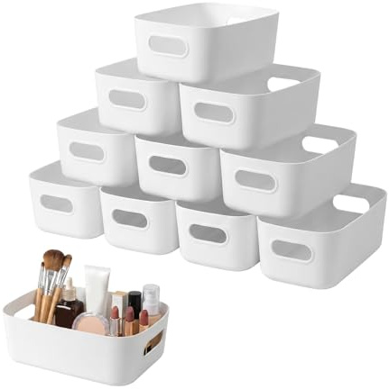 Vexaflow 10 Piezas Cestas Almacenaje de Plástico, con Asa, Cajas Organizadoras para Cocina, Baño, Oficina, Armario, Almacenaje Multifuncional, Cestas Apilables y Espaciosas
