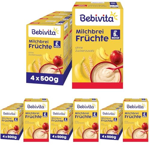 Bebivita Milchbrei Früchte (4x500g), ab 5. Monat, ohne Zuckerzusatz, mit wertvollen Mineralstoffen und Vitaminen, gut sättigend (Packung mit 4)