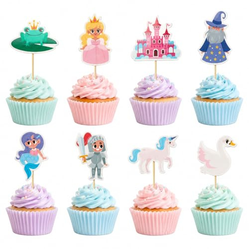 Arthsdite 24 Pcs Fairytale Cupcake Toppers Princess Castle Unicorn Mermaid Knight Frog Wizard Swan Cake Picks for Kids Girls Birthday Baby Shower Party