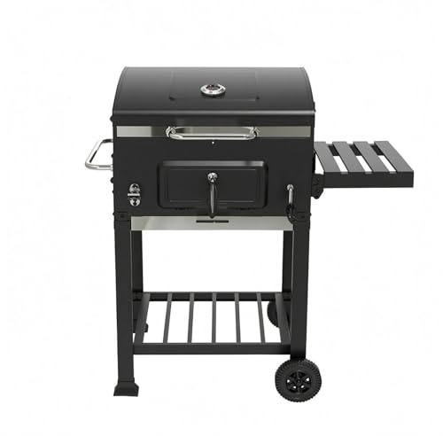 XLWLLNJ Outdoor Barbecue Grill Briquette Grill With Lid Heat Control Temperature Gauge Front Access Door Side Shelf Base Rack Transport Wheels suitable for