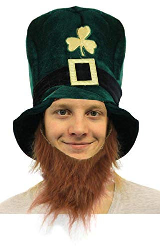 IRLAND FILZ HUT MIT EINEM BEFESTIGTEM BRAUNEN BART = VON ILOVEFANCYDRESS®=DER HUT IST ERHALTBAR IN 4 VERSCHIEDENEN STÜCKZAHLEN = DER GRÜNE FILZHUT HAT EINE SCHNALLE AN DER VORDERSEITE UND EIN KLEEBLATT = 24 HÜTE