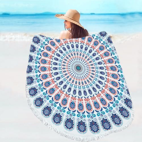 Violet Mist Purple Mandala Round Beach Blanket 60 Hippie Boho Microfibre Beach Towel Throw with Fringe Large Sand Free Circle Beach Blanket with Tassels for Women Travel Swimming Pool Picnic Towel