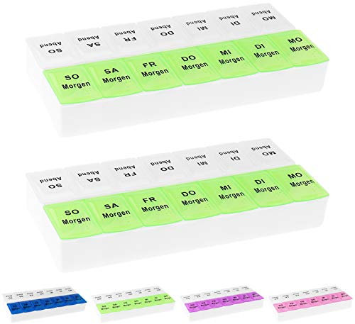 2x WELLGRO® Tablettenbox für 7 Tage - je 2 Fächer pro Tag, 18,5 x 9,5 x 3,5 cm (LxBxH) - Farbe wählbar, Farbe:Grün