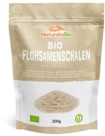 NaturaleBio Flohsamenschalen Gemahlen, 99% Reinheit, 200g natürliche Flohsamen Bio, Psyllium Samenschalen, Naturbelassen, rein, Ballaststoffreich, Vegan, Zum Auflösen in Wasser, Getränken und Säften.