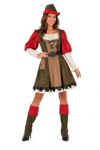 Das Kostümland Lady Marian Robin Hood Kostüm für Damen | Grün-Rot | 6-teilig mit Kleid, Hut, Kapuze, Gürtel, Tasche & Stiefelstulpen | Karneval & Mottoparty