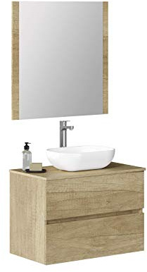 Baikal Baño Onyx, 2 cajones, suspendido en Pared, con Lavabo cerámico. Mueble Montado, Melamina 16,Mueble F46 + Top + Lavabo + Espejo 80 cm Nature