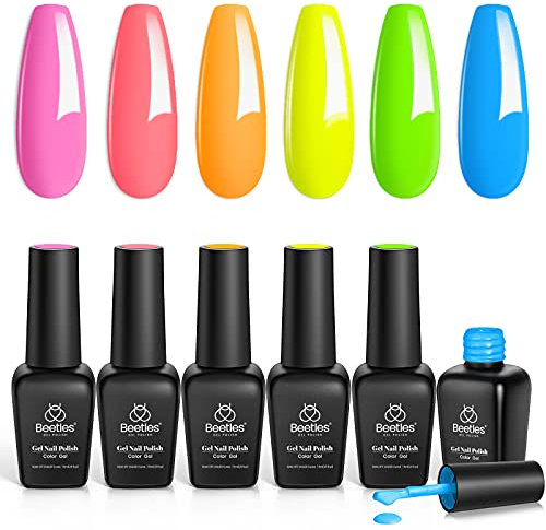beetles Gel Nail Polish Set, Bright Rainbow Collection 6 Colours Hot Pink Blue Yellow Green Soak Off UV Neon Gel Manicure Kit Gift for Women