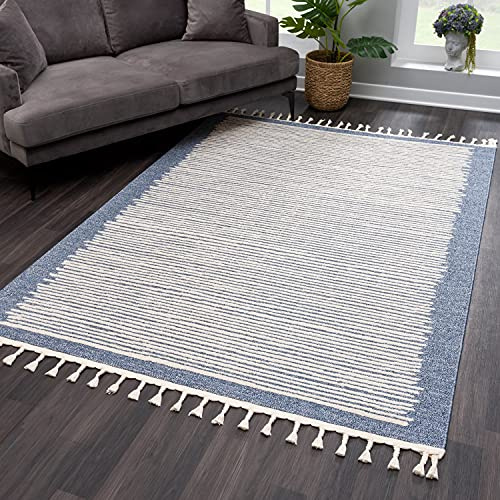 payé Teppich Wohnzimmer mit Fransen Deko Boho - Blau Cream-Streifen - 120x170cm - Kurzflor Schlafzimmer Flur Dekoration Läufer - Skandinavische Teppiche