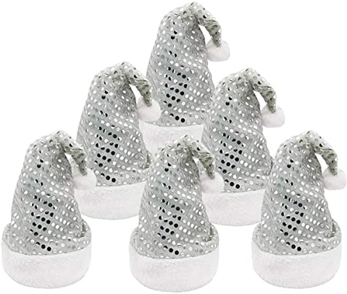 Carnavalife Gorro de Papá Noel con Lentejuelas, Gorro de Navidad para Disfraz de Año Nuevo, Sombrero de Santa Claus con Pompón Blanco y Ala de Felpa, 6 piezas (Plateado, Talla Adulto)