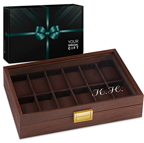 Maverton personalisierte Uhrenbox für 12 Uhren - aus Holz - 31x21x7,5cm - abschließbares Glasfenster - für Frauen - zum Geburtstag - zu Weihnachten - Farbe: Weinrot - Initialen