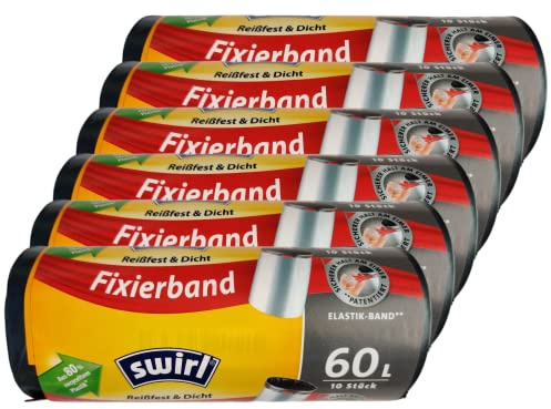 6x Swirl Fixierband Müllbeutel 60L (10 Beutel/Rolle) - 60 Liter aus recyceltem Plastik reißfest & dicht