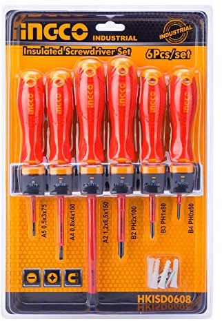 INGCO Set di 6 cacciaviti isolati per elettricista, 1000 V, VDE HKISD0608
