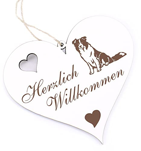 Herzlich Willkommen Schild - Border Collie - Deko Herz Holz Willkommensschild Türschild Dekoschild Türdeko