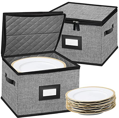 ouruer China Storage Containers-Quilted Dish Storage Containers with Lid Hard Shell for Moving Transport, Dinnerware Storage,Stackable Plate Storage,24 Felt Plate Dividers Included,2PACK 12*12*8in