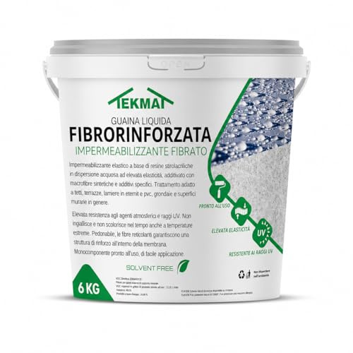Guaina Liquida Impermeabilizzante Fibrorinforzata TEKMAT 6 kg – Membrana Elastica Calpestabile Resistente UV per Terrazzi, Tetti, Balconi, Lamiere – Monocomponente Pronta all'Uso (6 kg, Bianco)