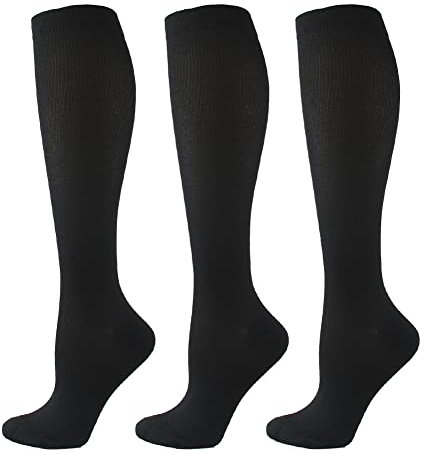 HYCOPROT 3 Paia di Calze a Compressione per Uomini e Donne, Calze Elastiche a Compressione Graduata 15-20 mmhg Calze Compressione per Fitness, Volo, Sport, Corsa, Ciclismo, Viaggio (Nero, 2XL)