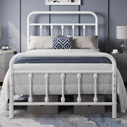 Yaheetech 3ft Single Bed Frame Vintage Iron Platform Bed with High Headboard and Footboard, Strong Metal-Framed Bed with Storage White