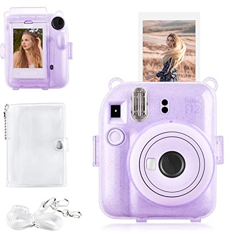 Rieibi Housse pour Instax Mini 12 - Étui à Paillettes pour Appareil Photo Instantané Fujifilm Instax Mini 12 avec Poche Photos Arrière, Bandoulière Transparente et Mini Album Photo - Violet
