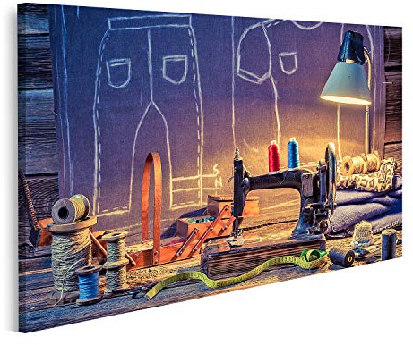islandburner Quadro su tela Vecchio laboratorio di sartoria Macchina da cucire Tessuto Tavolo di legno GDIC Quadri Stampe Immagini Murale Decorazione da parete
