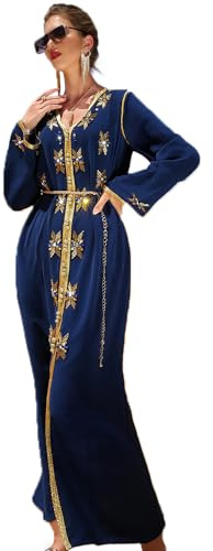 PolyJolly Handmade Bead Abaya Dress for Women Dubai Sadui Blue Moroccan Kaftan Dress L