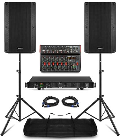 VONYX VSA12P 12 Passive PA System – Complete PA System with 2x 800W Speakers, PDA-B1000 Power Amplifier, 10-Channel Mixer, Bluetooth, Speaker Stands, Ideal for Live Music & Speeches