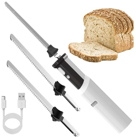 POWHA Cuchillo eléctrico for tallar Pan, Cortador de Carne inalámbrico Recargable con Dos Cuchillas dentadas, Cuchillo for tallar Carne Desmontable con luz LED for tallar Carnes, Aves, Pan