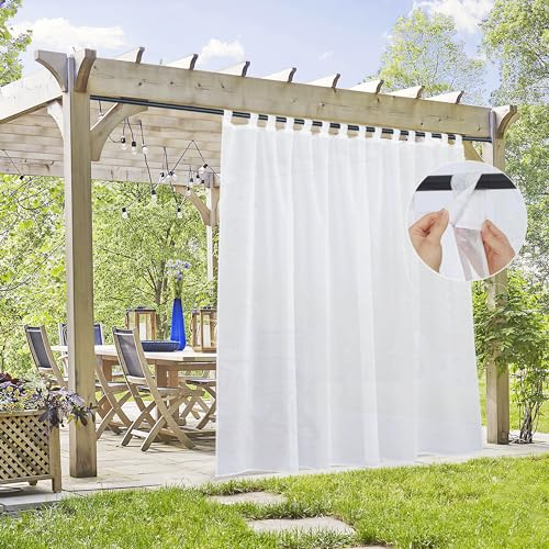 PONY DANCE Cortinas Impermeables Grandes de Exterior, Visillos Blancos Transparentes con Trabillas Adhesiva para Salon/Dormitorio, 1 Pieza, 254x213cm(Ancho x Alto)