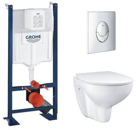 GROHE Pack WC sans Bride BAU Ceramic + abattant Bâti Support WC Rapid SL + Plaque de Commande Start chromé Rond