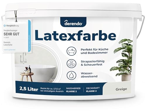 derendo Latexfarbe Grau Greige abwaschbar hohe Deckkraft Innenfarbe matt 2,5l